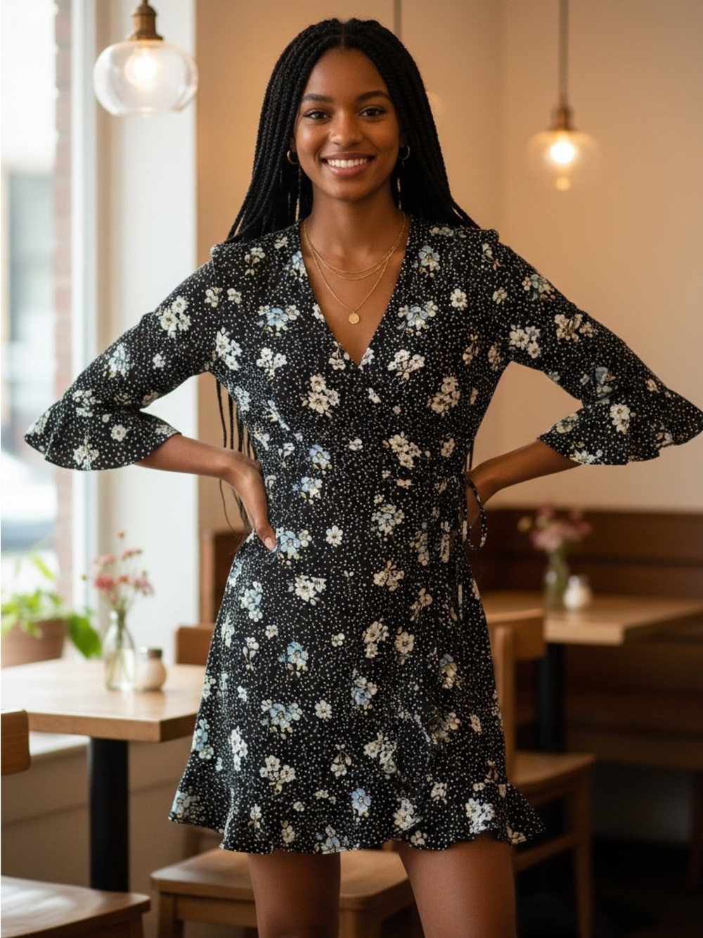 LOFT Black Floral Wrap Mini Dress with Ruffle Hem